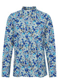 Blume blouse in Blautönen mit Kragen, langen Ärmeln und durchgehender Knopfleiste. Besitzt einen strukturierten Stoff mit einem lebhaften Blumenmuster.