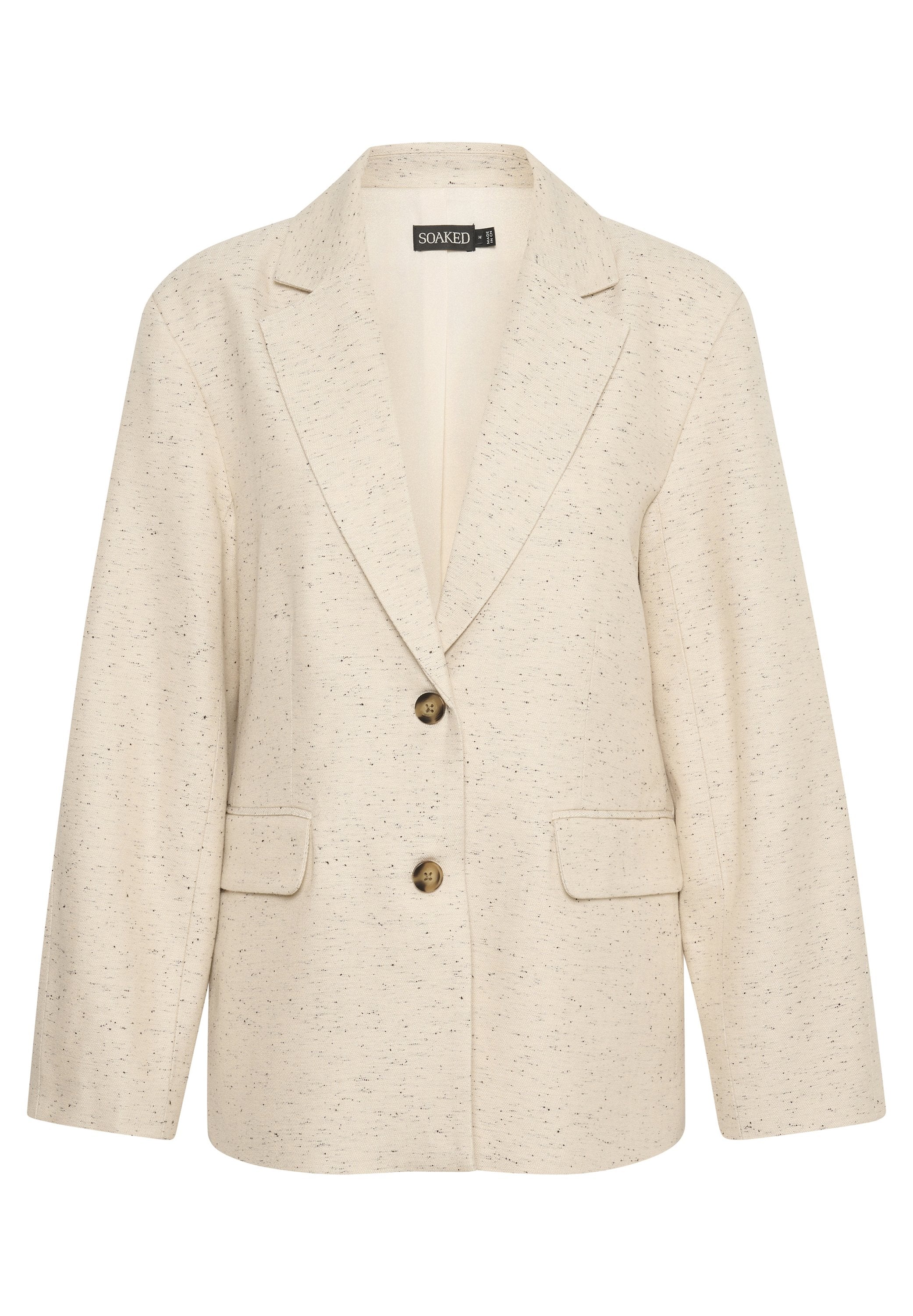 Cremefarbenes Blazer mit gepunktetem Muster, mit Reverskragen, zwei vorderen Knöpfen, Klapptaschen und langen Ärmeln, Größe Medium, beschriftet "SOAKED".