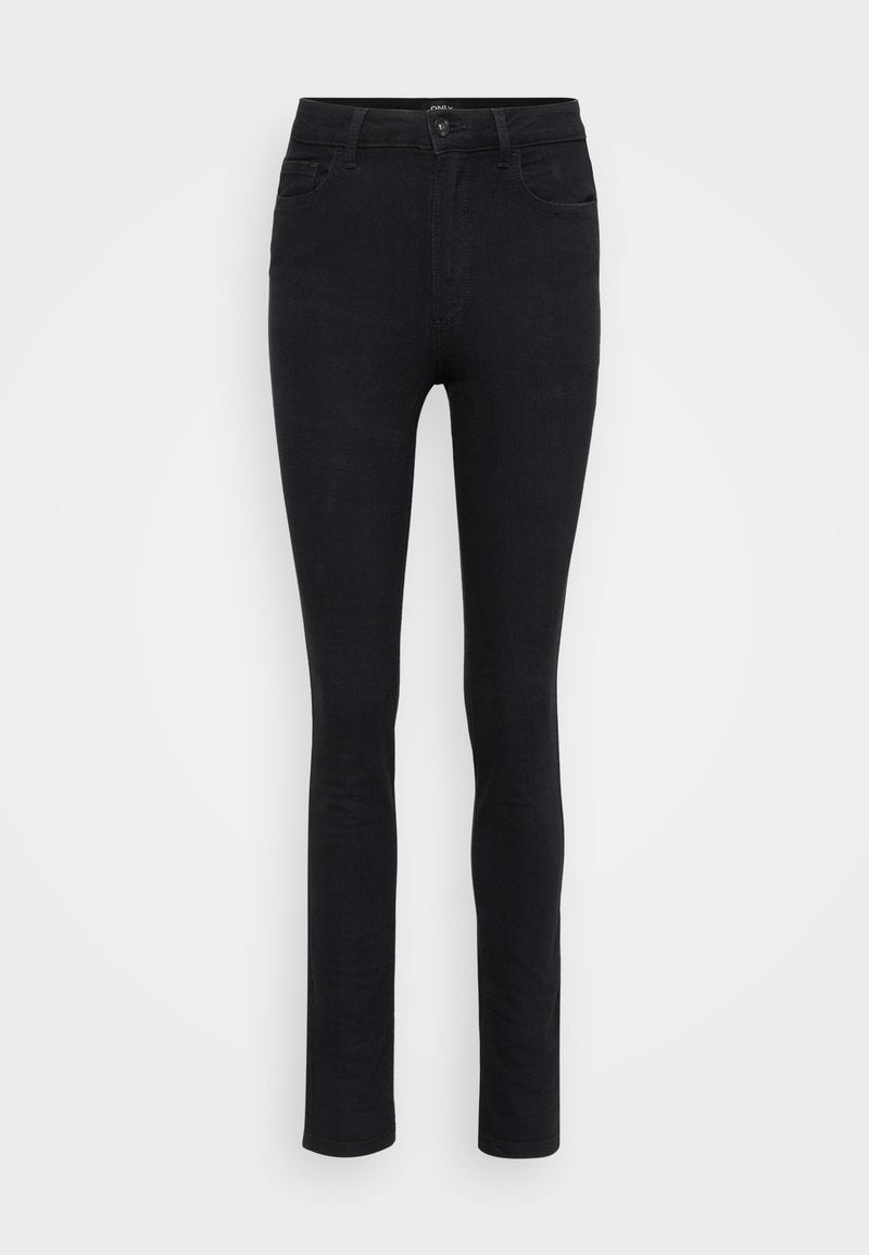 Schwarze Denim-Skinny-Jeans mit einer glatten Textur, mittelhoher Taille, Gürtelschlaufen, Fünf-Taschen-Design und einem klassischen Knopfverschluss.