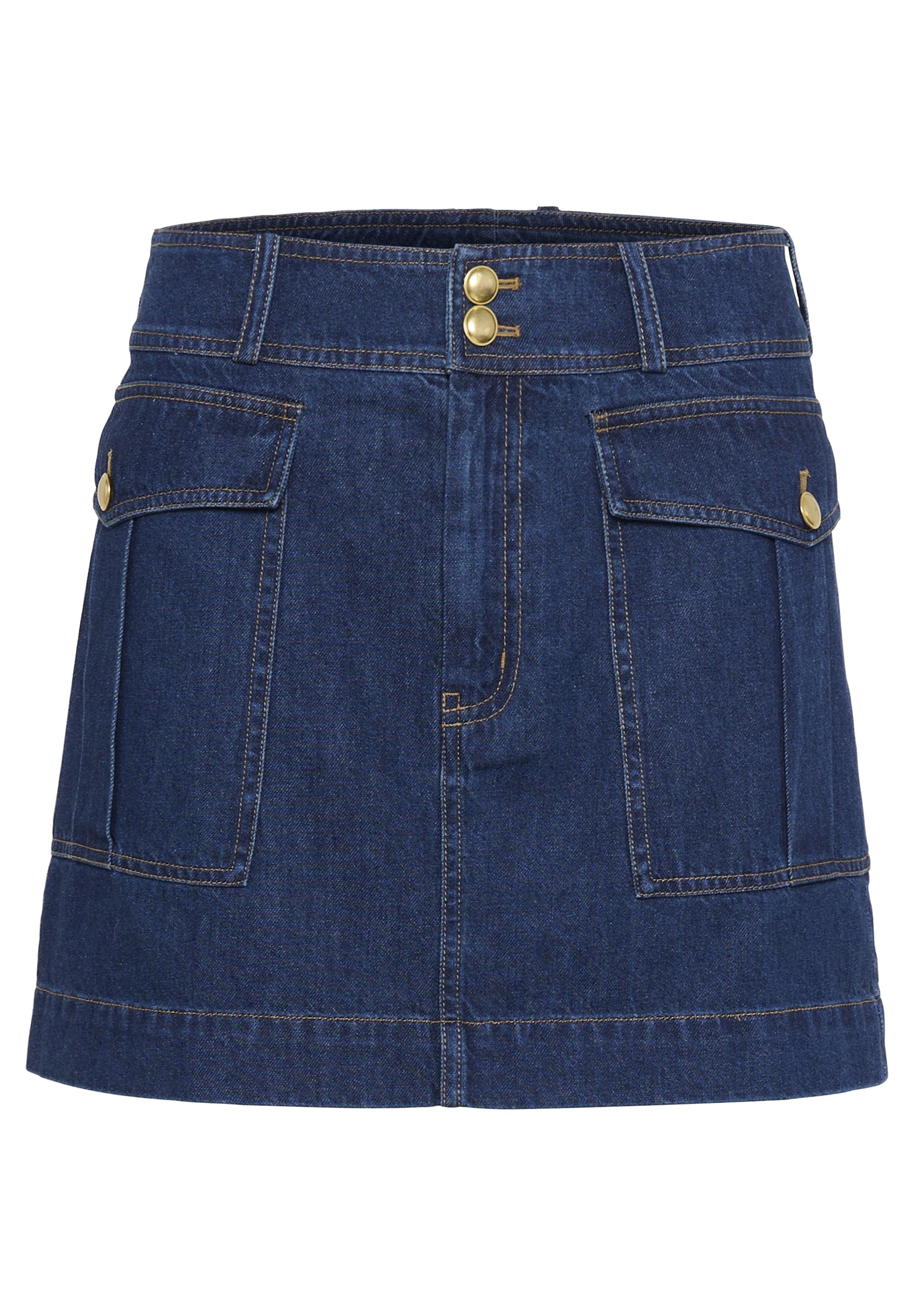 Jeansrock in Dunkelblau mit zwei vorderen Taschen, Messingknopfverschlüssen und Kontrastnähten. Hat einen geraden Schnitt und Saum.