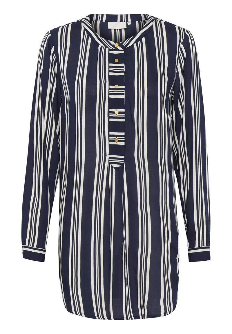 Marineblaue Bluse mit langen Ärmeln, vertikalen weißen Streifen, Knopfleiste und rundem Ausschnitt. Leichter Stoff mit lockerer Passform.