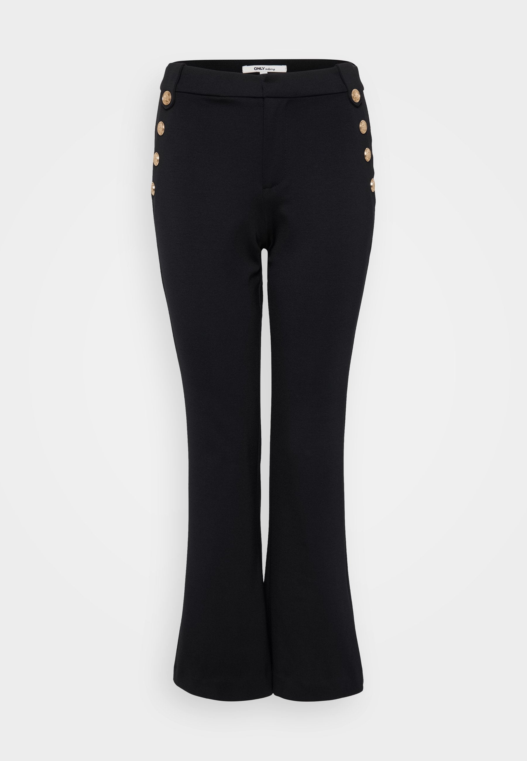 Schwarze weite Hose aus glattem Stoff, mit goldenen Knopf-Details entlang der Taille und einer figurbetonten Silhouette.