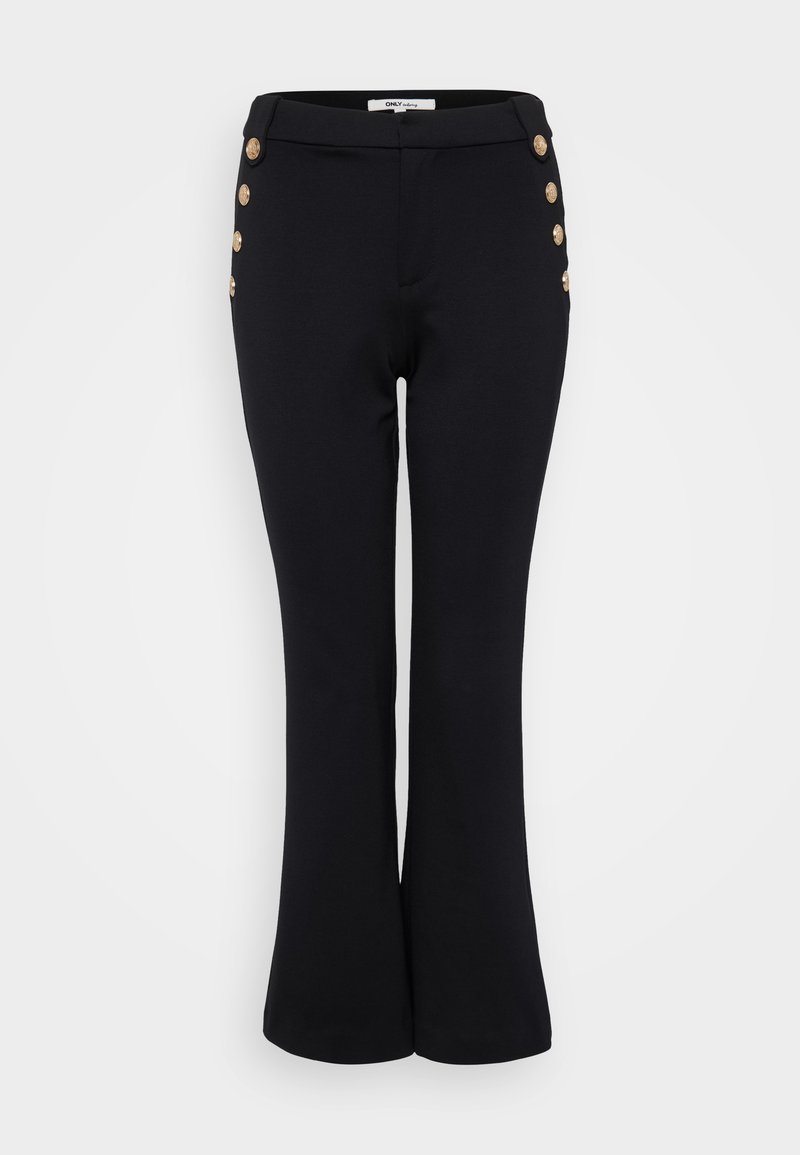 Schwarze weite Hose aus glattem Stoff, mit goldenen Knopf-Details entlang der Taille und einer figurbetonten Silhouette.