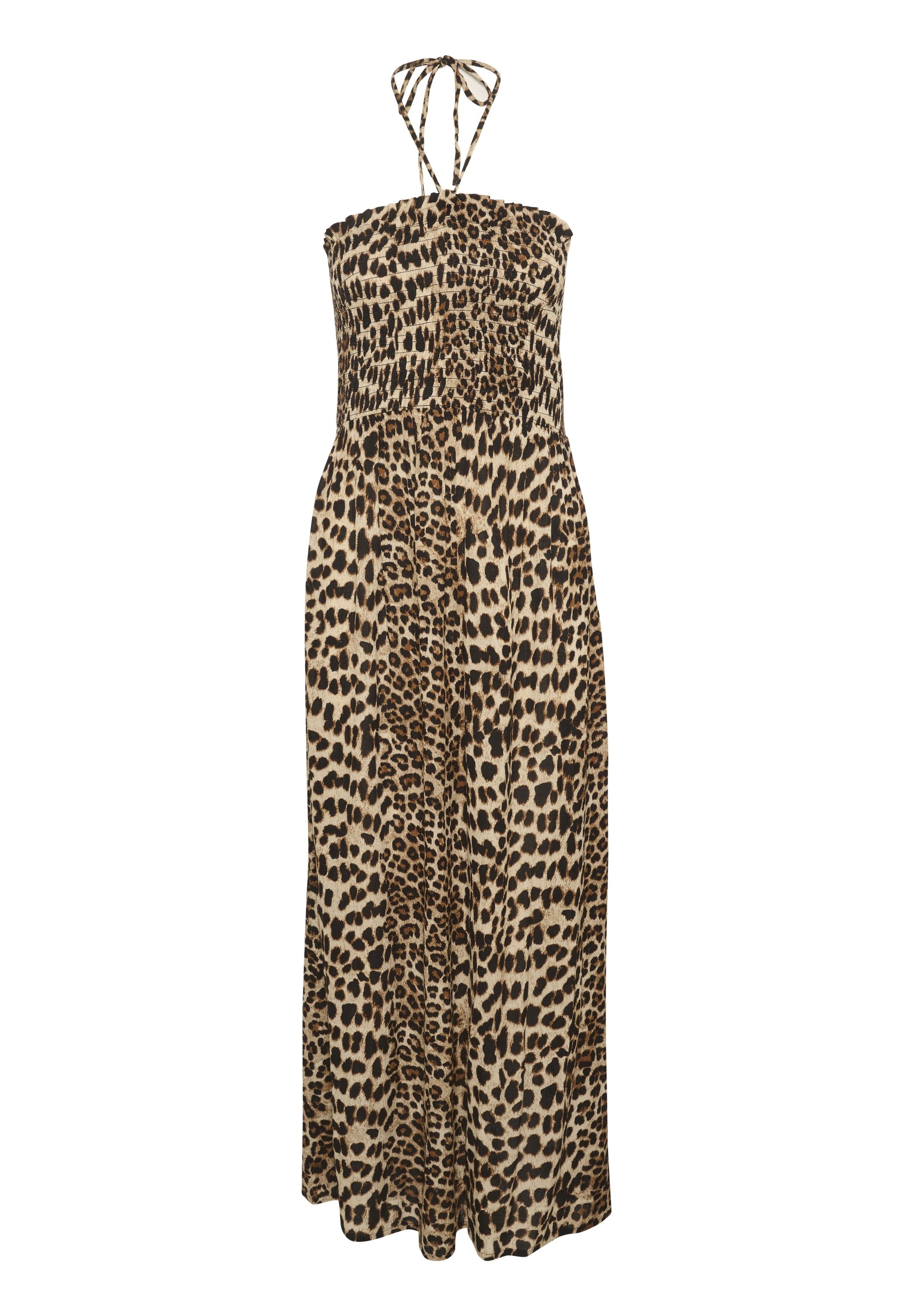 Maxikleid im Animal-Print mit strapless Oberteil, geraffter Taille und langem, fließendem Rock in einem beigefarbenen und braunen Leopardenmuster.
