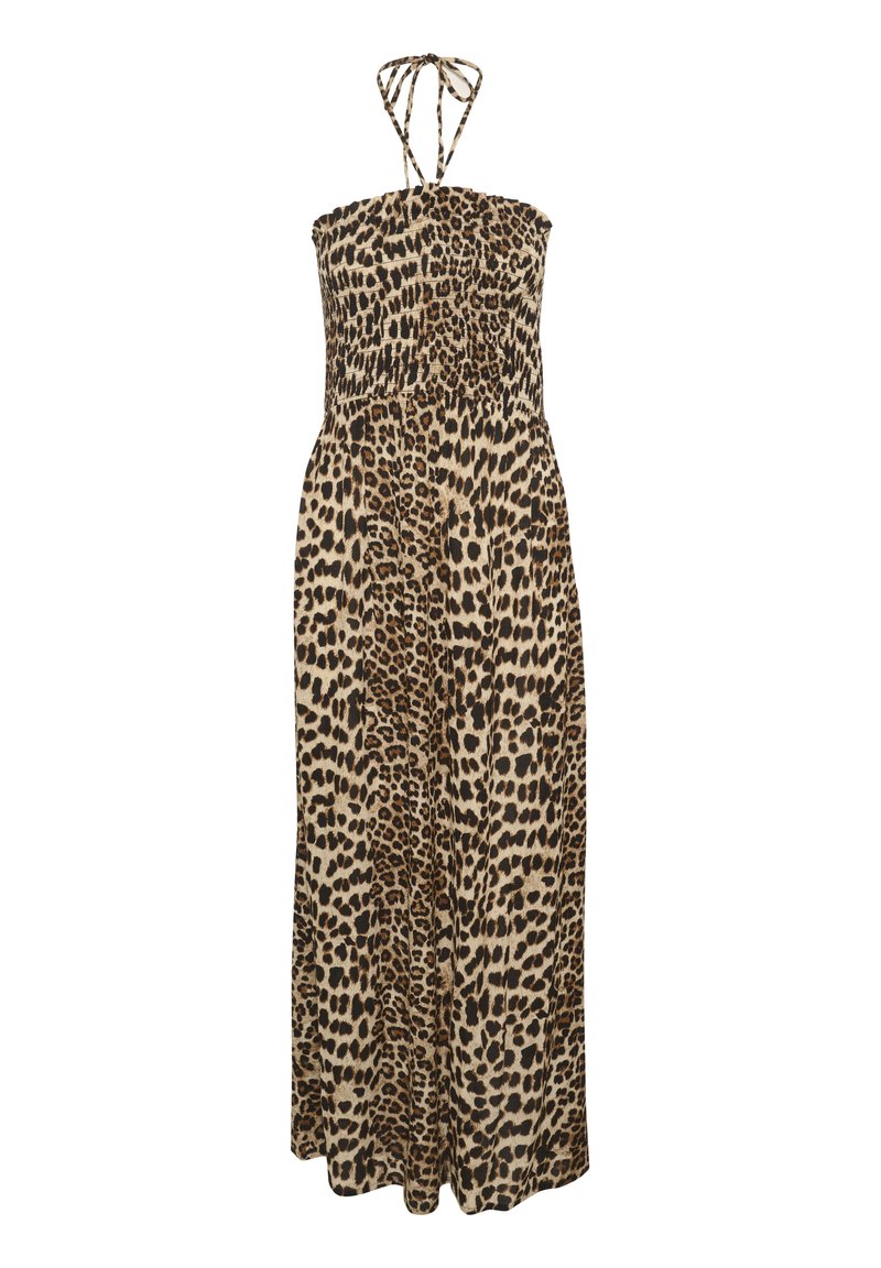 Maxikleid im Animal-Print mit strapless Oberteil, geraffter Taille und langem, fließendem Rock in einem beigefarbenen und braunen Leopardenmuster.