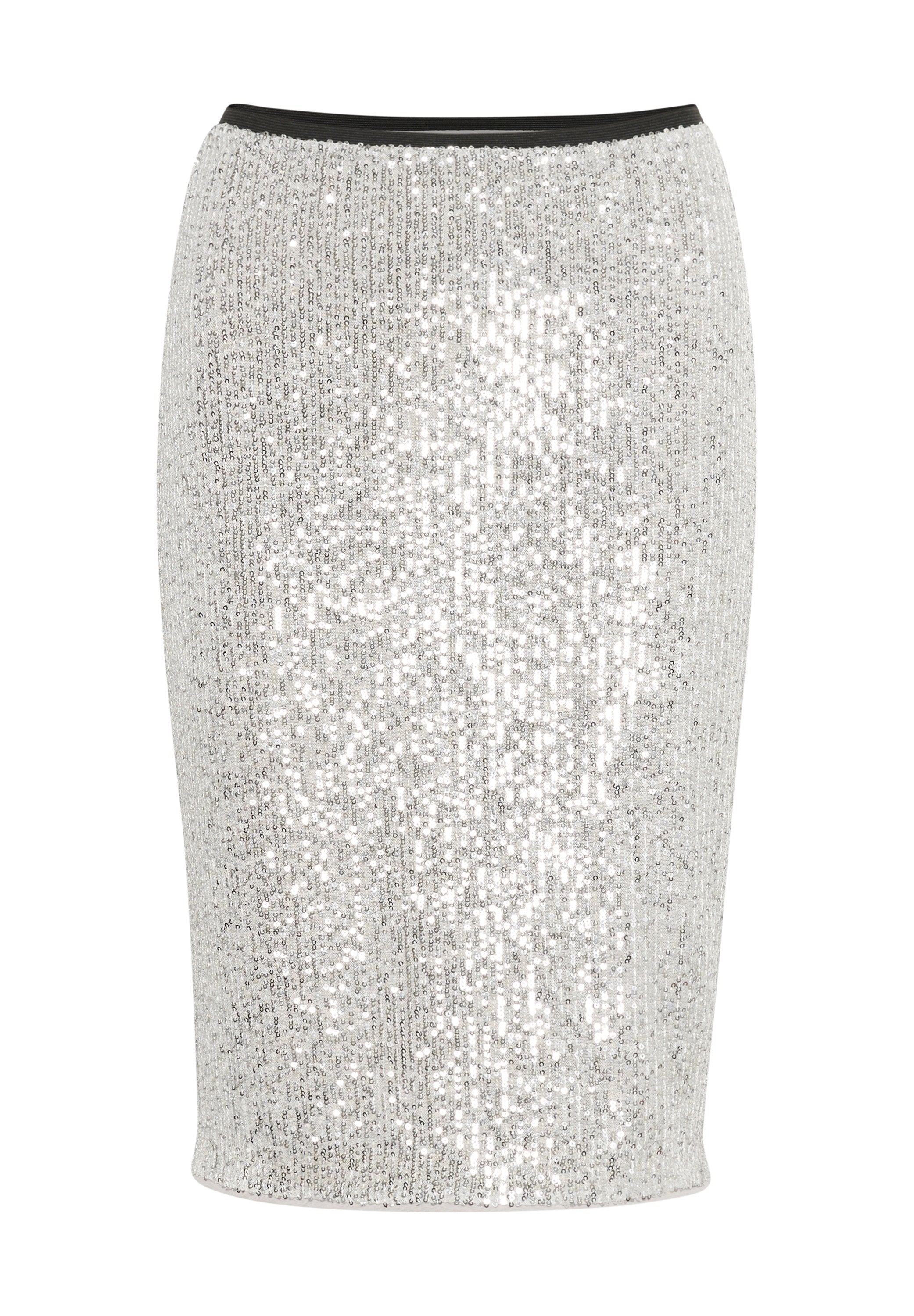 Silberne Pailletten-Bleistiftrock mit tailliertem Design und einem schwarzen Bund. Glänzende Textur, die durch zahlreiche kleine Pailletten erzeugt wird.
