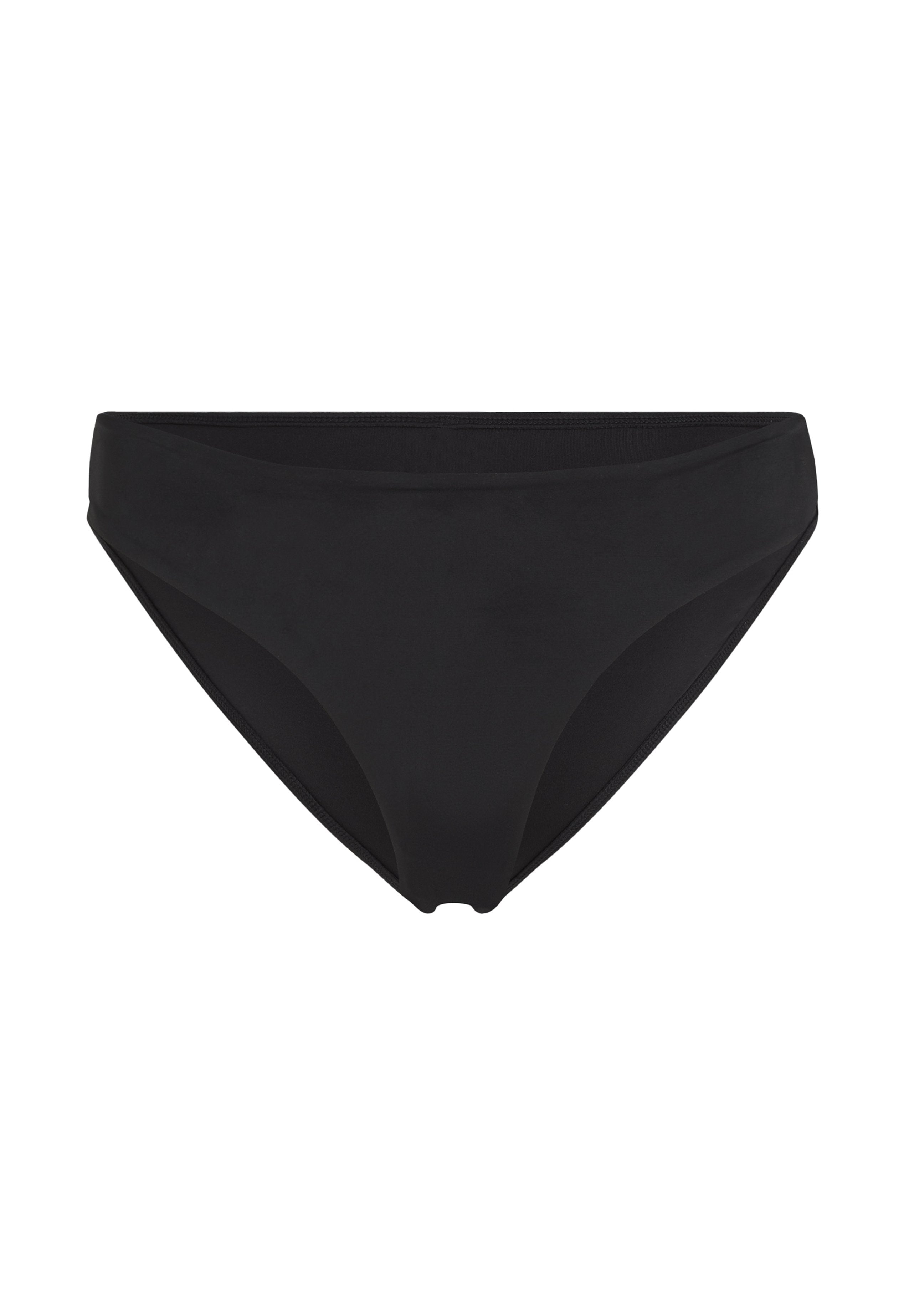 Schwarze Bikini-Unterteile aus glattem Stoff, mit einem tief geschnittenen Design, normaler Abdeckung und ohne sichtbare Muster oder Beschläge.