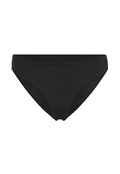 Schwarze Bikini-Unterteile aus glattem Stoff, mit einem tief geschnittenen Design, normaler Abdeckung und ohne sichtbare Muster oder Beschläge.