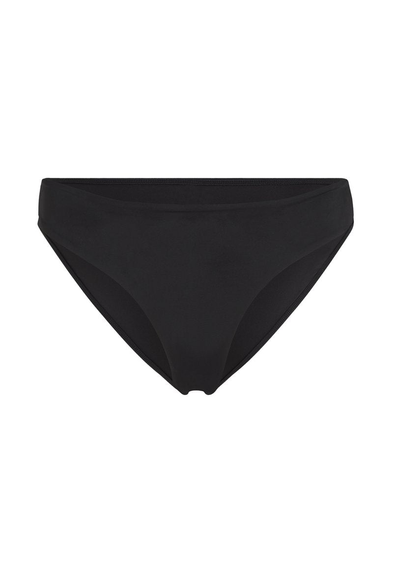 Schwarze Bikini-Unterteile aus glattem Stoff, mit einem tief geschnittenen Design, normaler Abdeckung und ohne sichtbare Muster oder Beschläge.