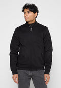 Schwarze Bomberjacke mit Stehkragen, Frontreißverschluss und Seitentaschen. Verfügt über ein schlichtes Design und eine strukturierte Stoffoberfläche.