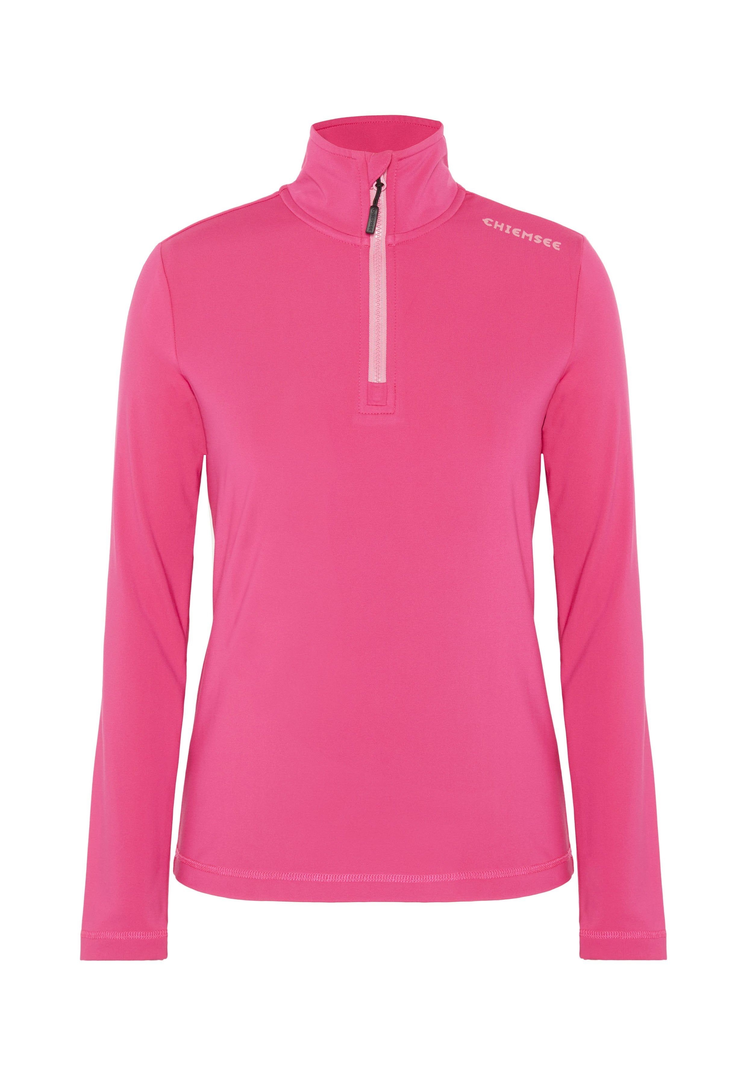 Rosa Langarmshirt mit halbhohem Reißverschlusskragen aus glattem, elastischem Stoff. Verfügt über ein Logo auf der Schulter und einen geraden Saum.