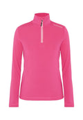 Rosa Langarmshirt mit halbhohem Reißverschlusskragen aus glattem, elastischem Stoff. Verfügt über ein Logo auf der Schulter und einen geraden Saum.