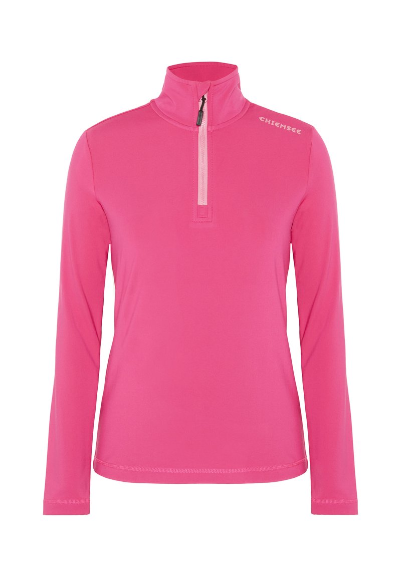 Rosa Langarmshirt mit halbhohem Reißverschlusskragen aus glattem, elastischem Stoff. Verfügt über ein Logo auf der Schulter und einen geraden Saum.