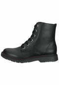 Schwarze Leder-Stiefelette mit runder Zehenform, sechs Ösen und schwarzen Schnürsenkeln. Verfügt über rote Nähte entlang der Sohle und eine strukturierte Gummisohle.