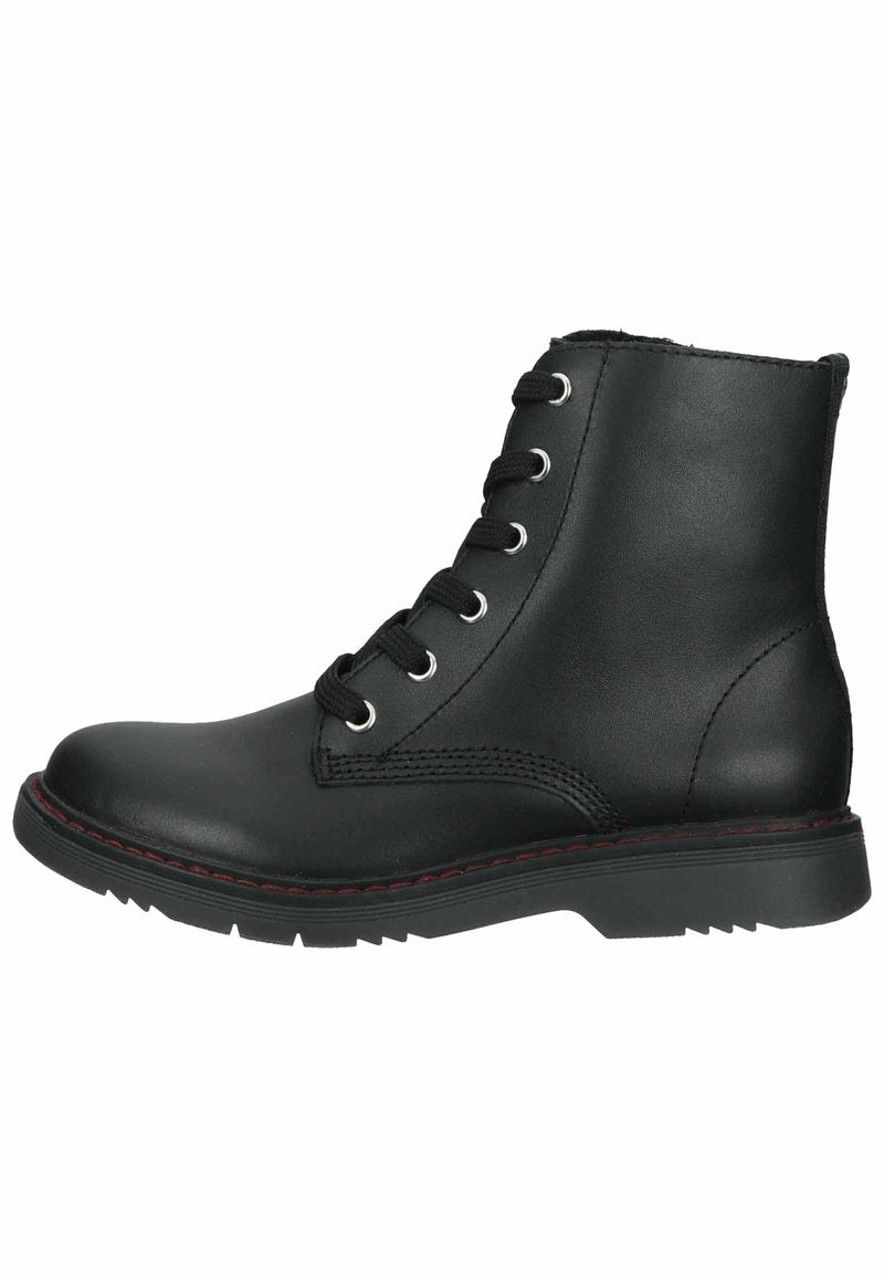 Schwarze Leder-Stiefelette mit runder Zehenform, sechs Ösen und schwarzen Schnürsenkeln. Verfügt über rote Nähte entlang der Sohle und eine strukturierte Gummisohle.