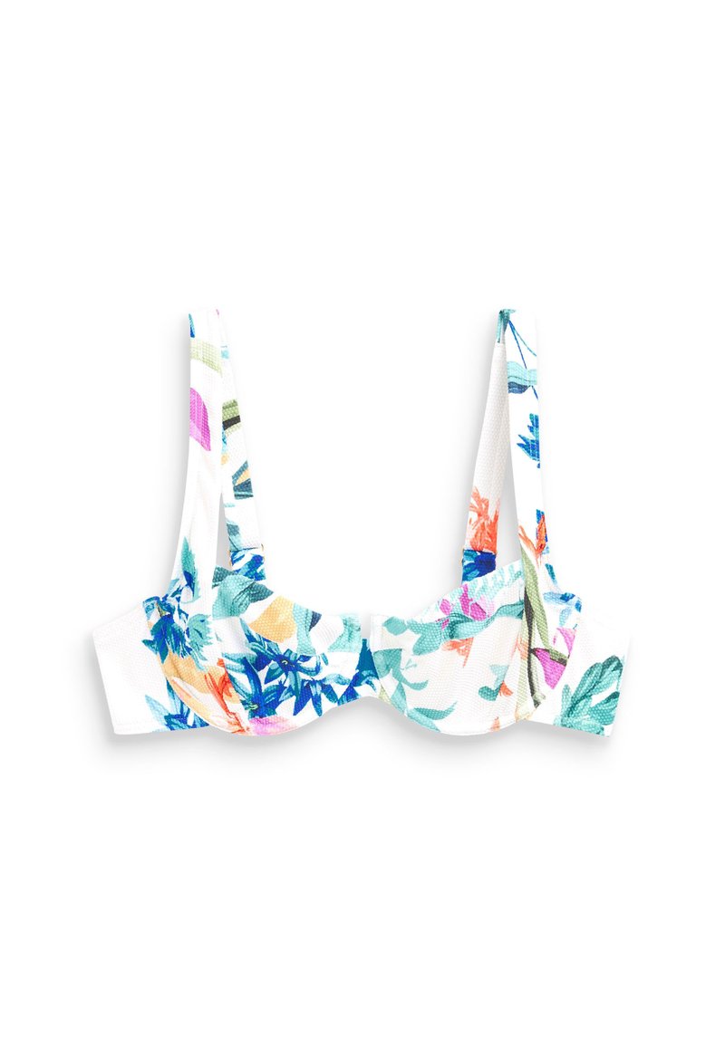 Bikini-Oberteil mit floraler Druckgestaltung und breiten Trägern, überwiegend weißem Hintergrund, verziert mit lebhaften Farben wie Blau, Pink und grünen Blattmustern.