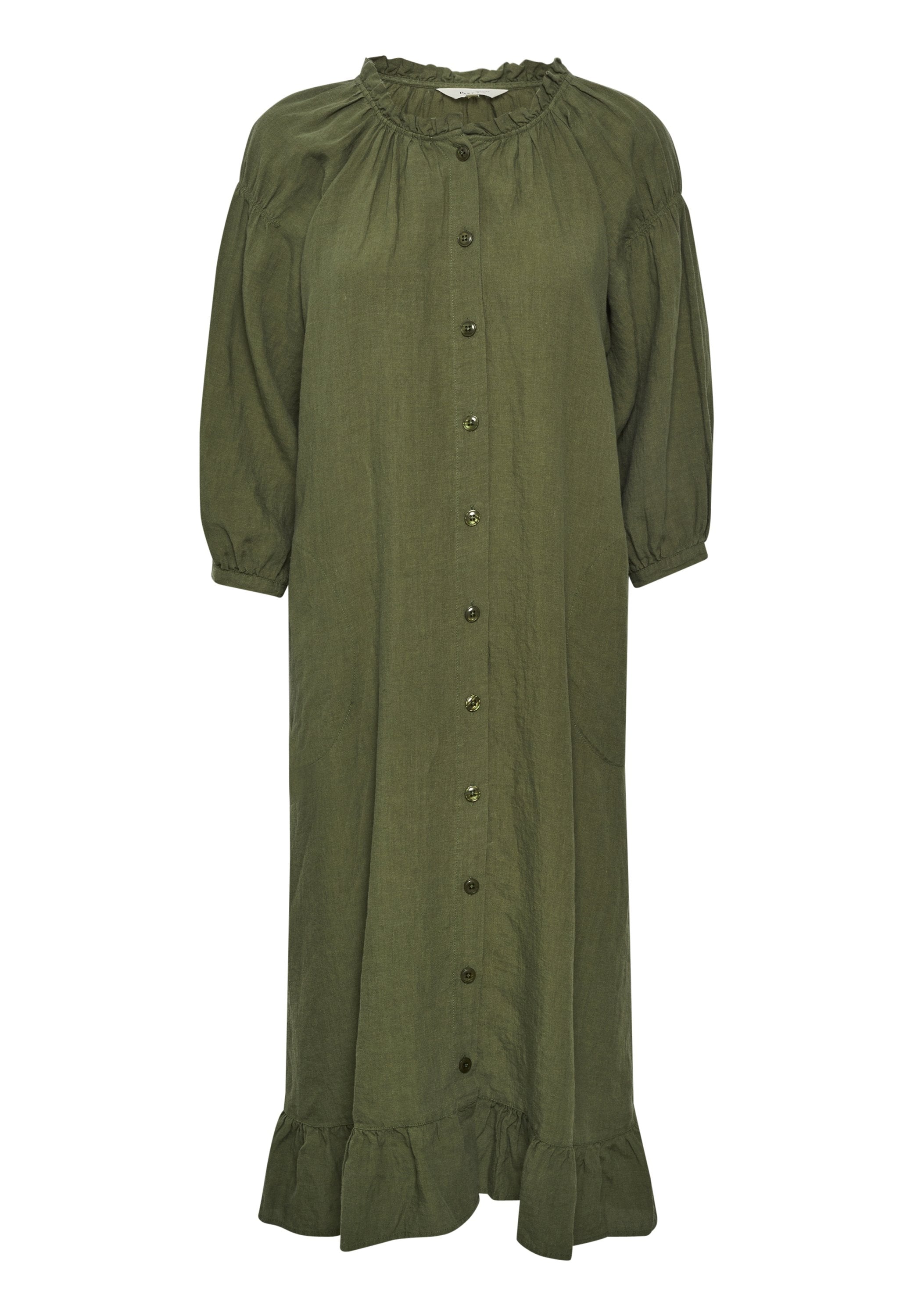 Olivgrünes Midikleid mit einem runden Volant-Ausschnitt, langen Puffärmel, Knöpfen vorne und einem gerafften Saum. Hergestellt aus leichtem Leinen.