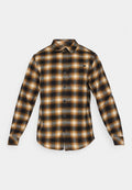 Herren-Flanellhemd mit einem karierten Muster in Schwarz, Braun und Orange. Lange Ärmel, Kentkragen und durchgehende Knopfleiste.