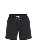 Schwarze Badeshorts aus leichtem, schnell trocknendem Material. Verfügt über einen elastischen Bund mit Kordelzug, seitliche Taschen und eine dezente Textur.