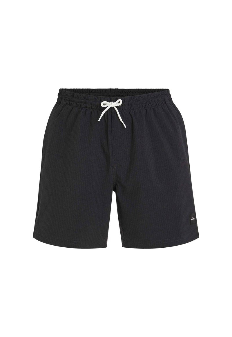 Schwarze Badeshorts aus leichtem, schnell trocknendem Material. Verfügt über einen elastischen Bund mit Kordelzug, seitliche Taschen und eine dezente Textur.