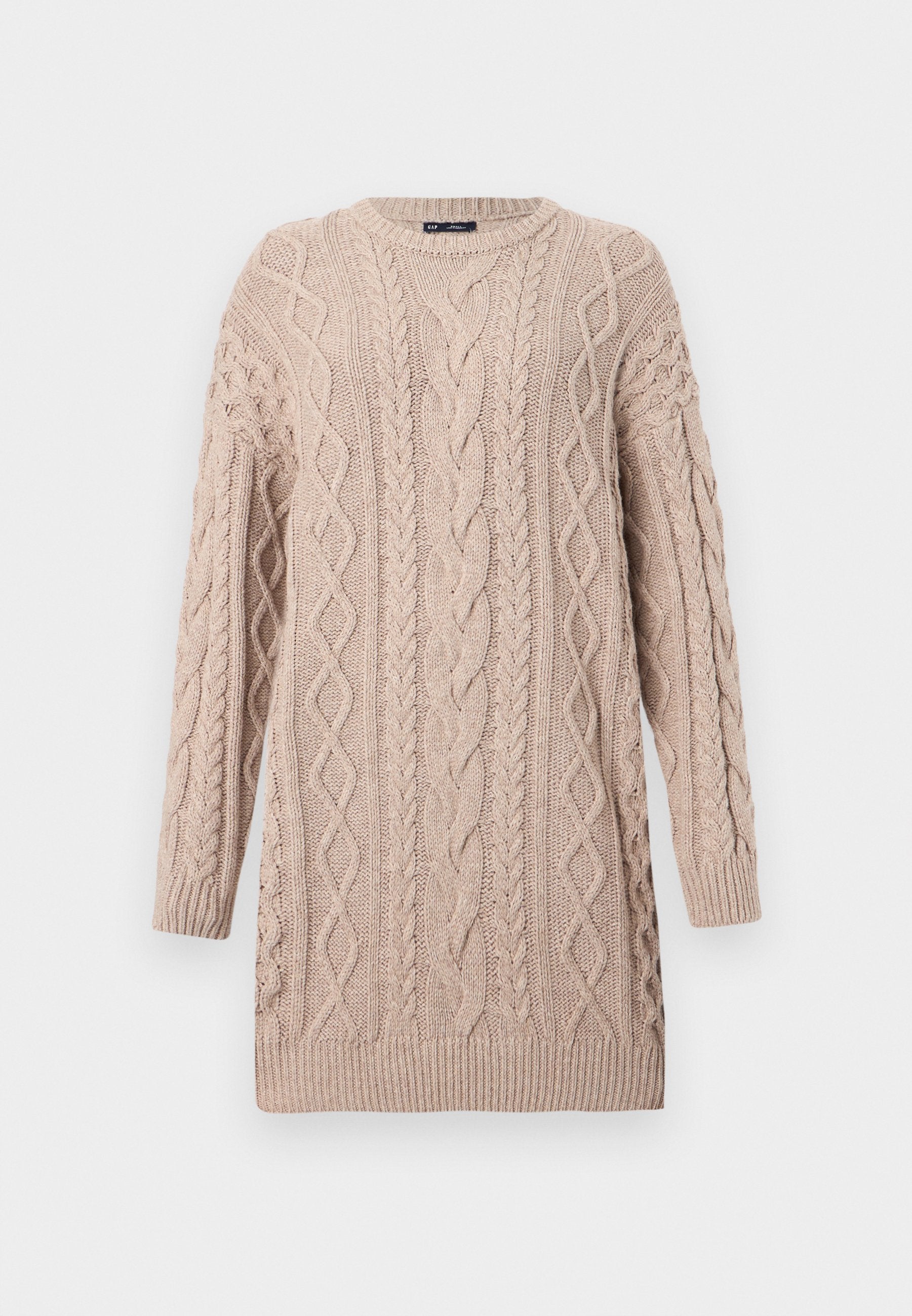 Pullover mit Zopfmuster in einem weichen Beige, mit langen Ärmeln und rundem Ausschnitt. Strukturierte Muster entlang des Körpers und der Ärmel.