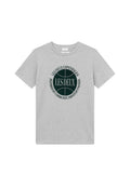 Graues Baumwoll-T-Shirt mit kurzen Ärmeln und Rundhalsausschnitt. Es hat ein kreisförmiges grünes Grafikdesign mit dem Text "LES DEUX COPENHAGEN" in der Mitte.