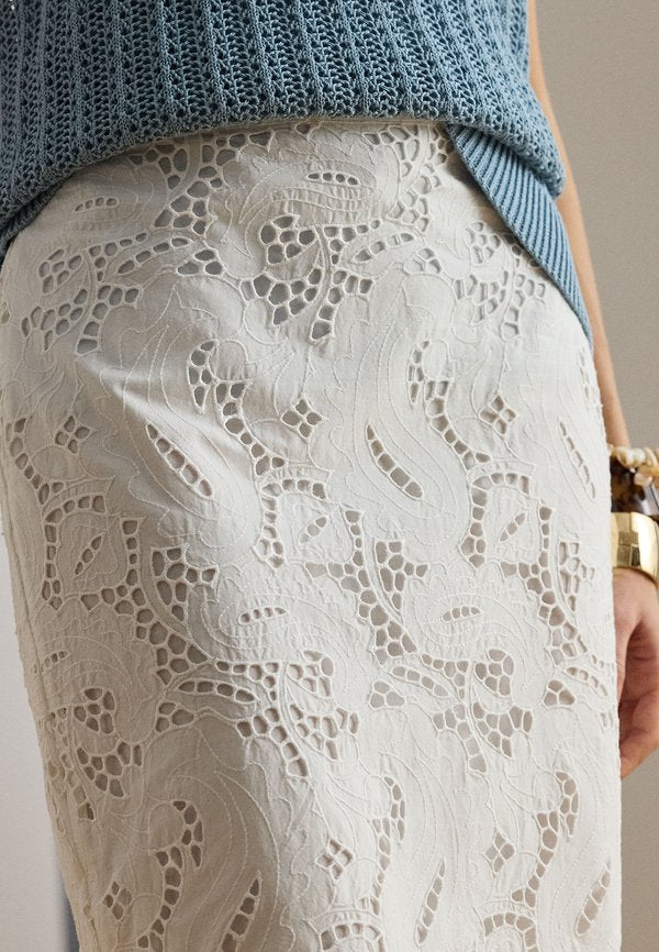 Lauren Ralph Lauren PAISLEY-EYELET COTTON MIDI PENCIL SKIRT