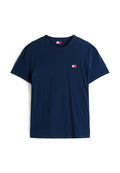 Marineblaues T-Shirt mit kurzen Ärmeln und Rundhalsausschnitt, mit kleinem rot-weiß-blauem Logo auf der linken Brust und innen im Kragen.