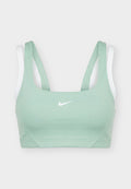 Hellgrüner und weißer Nike Sport-BH mit doppelten Schulterträgern und zentralem weißem Nike Swoosh-Logo vorne.
