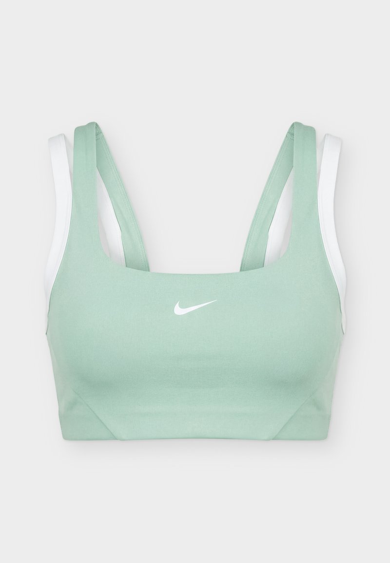 Hellgrüner und weißer Nike Sport-BH mit doppelten Schulterträgern und zentralem weißem Nike Swoosh-Logo vorne.