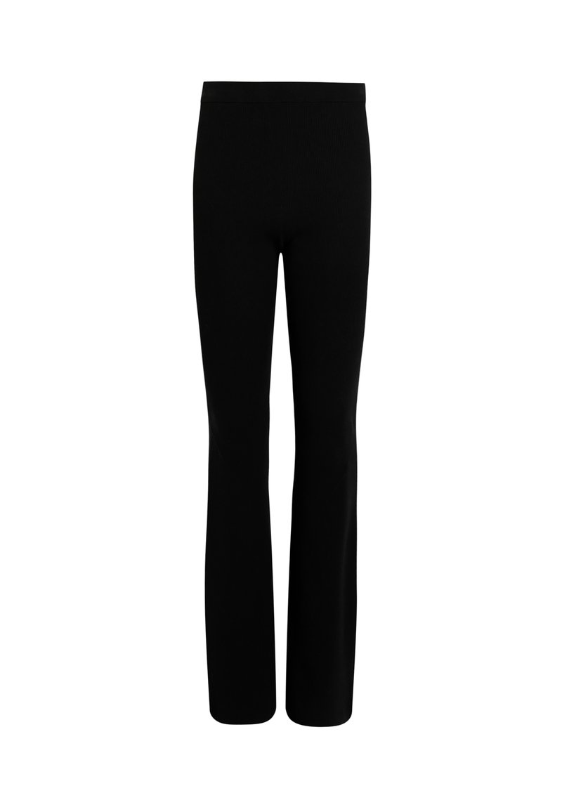 Schwarze, eng anliegende Hosen mit leichtem Schlag am Boden und hoher Taille, vor einem schlichten weißen Hintergrund dargestellt.