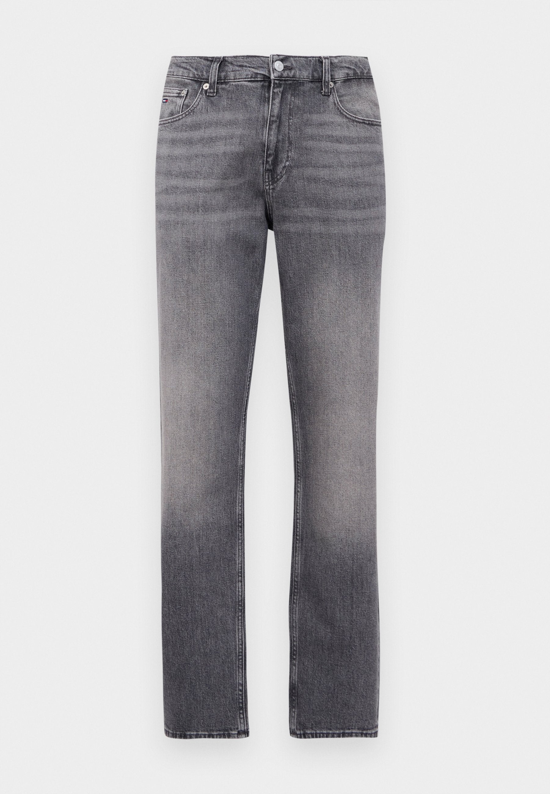 Graue gerade geschnittene Jeans mit ausgewaschenen Details, vorderem Knopf- und Reißverschluss, Gürtelschlaufen und Fünf-Taschen-Design.