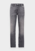 Graue gerade geschnittene Jeans mit ausgewaschenen Details, vorderem Knopf- und Reißverschluss, Gürtelschlaufen und Fünf-Taschen-Design.