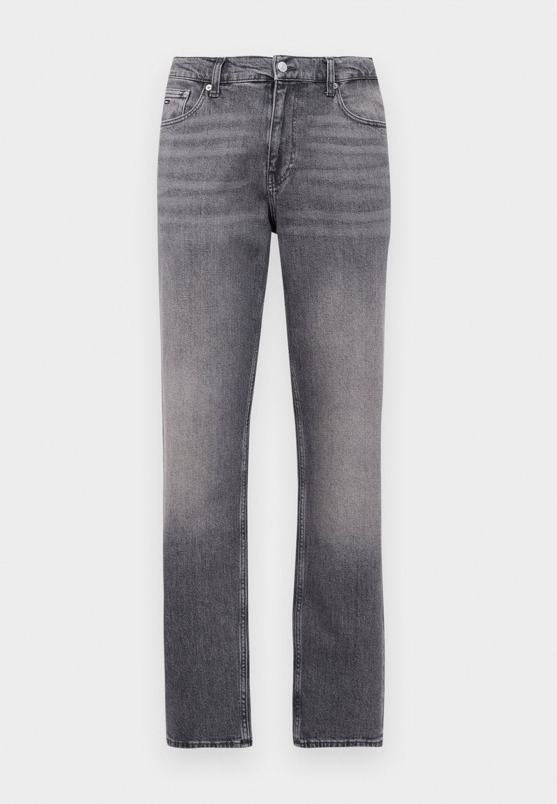 Graue gerade geschnittene Jeans mit ausgewaschenen Details, vorderem Knopf- und Reißverschluss, Gürtelschlaufen und Fünf-Taschen-Design.