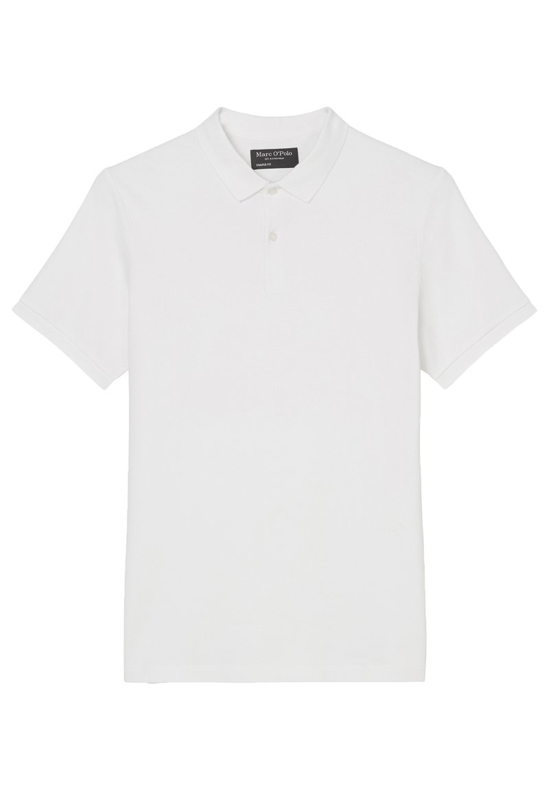 Weißes Poloshirt mit kurzen Ärmeln, drei Knöpfen an der Knopfleiste und weichem Baumwollmaterial. Verfügt über einen flachen Kragen und keine sichtbaren Muster.