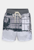 Mehrfarbige Mesh-Shorts mit einem grauen elastischen Bund und Kordelzug. Mit einem geometrischen Muster in Schwarz- und Grautönen.
