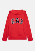 Rote Kapuzenpullover mit großem blauen "GAP"-Logo auf der Vorderseite, gerippten Bündchen und einer Kängurutasche an der Taille.