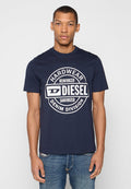 Marineblaues Baumwoll-T-Shirt mit weißem, rundem Logo-Print und Text: "HARDWEAR", "REINFORCED", "DIESEL" und "DENIM DIVISION". Kurze Ärmel.
