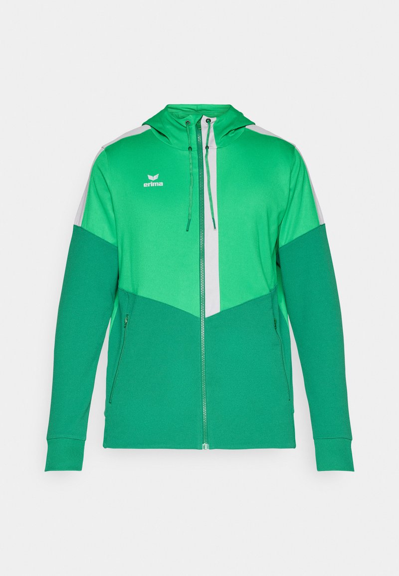 Grüne und türkisfarbene Zip-Hoodie mit Kapuze, langen Ärmeln, seitlichen Taschen und einem weißen vertikalen Streifen entlang der vorderen Mitte und auf den Schultern.