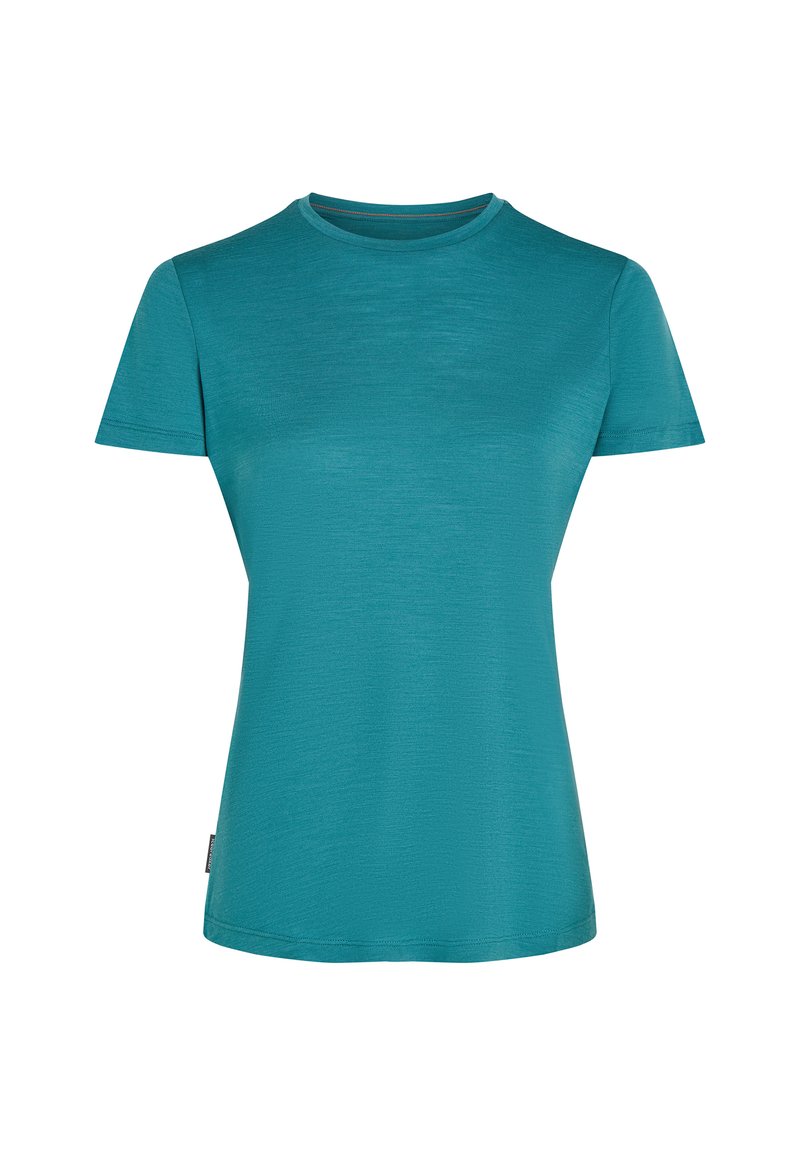 Türkises T-Shirt mit kurzen Ärmeln und rundem Ausschnitt, aus leichtem Material mit glatter Textur und subtiler glänzender Oberfläche.