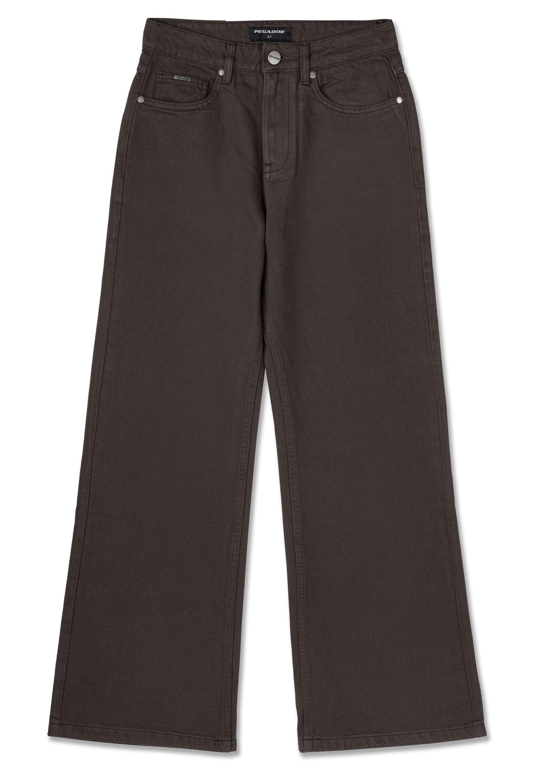 Weit geschnittene, dunkelbraune Jeans aus Baumwolle. Mit Standardtaschen und Metallknopfverschluss, sowie dezenten Stickdetails.