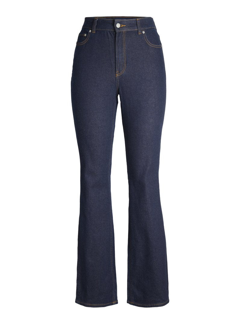 Dunkelblaue, hochgeschnittene Jeans aus Denim mit Vorderknopf und Reißverschluss, Vordertaschen und leicht ausgestellten Beinen.