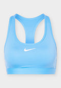 Hellblauer Nike Sport-BH mit Racerback-Design und weißem Swoosh-Logo in der Mitte vorne.
