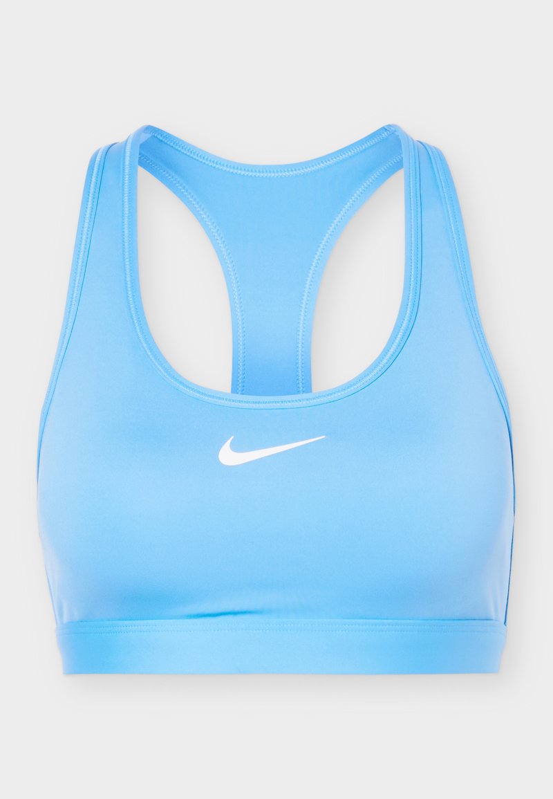 Hellblauer Nike Sport-BH mit Racerback-Design und weißem Swoosh-Logo in der Mitte vorne.
