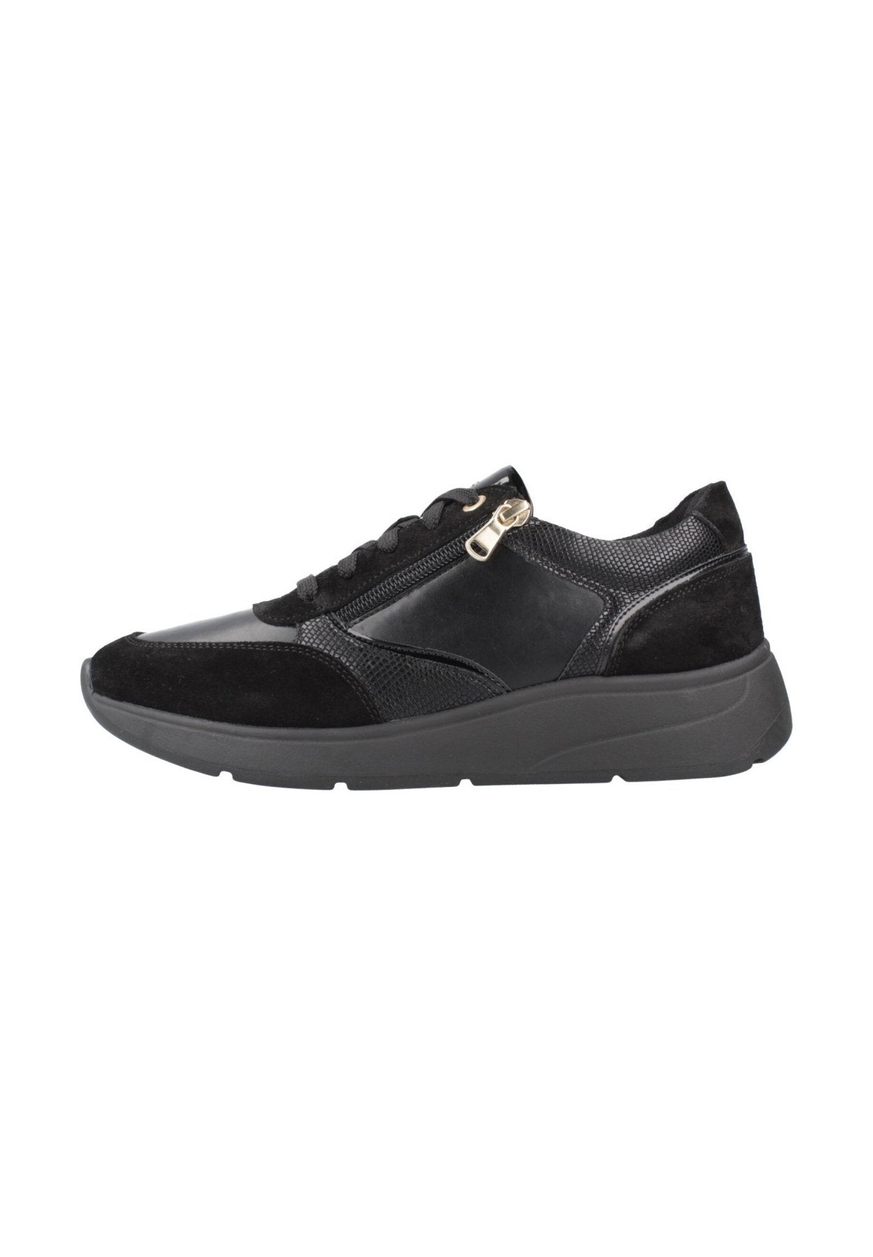 Schwarze Sneakers aus einer Mischung aus Wildleder und synthetischen Materialien, mit strukturierten Akzenten, klassischem Schnürdesign und seitlichem Reißverschluss.