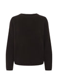 Schwarzer Strickpullover mit einem gerippten Muster, Rundhalsausschnitt, langen Ärmeln und entspannter Passform. Keine sichtbaren Verzierungen oder Muster.