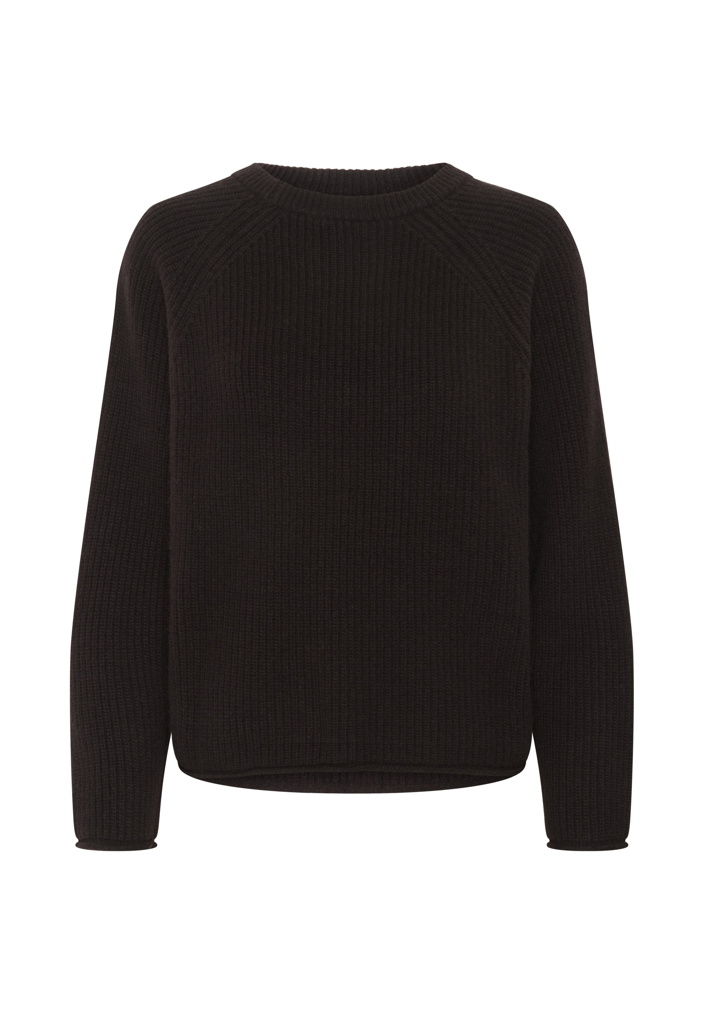 Schwarzer Strickpullover mit einem gerippten Muster, Rundhalsausschnitt, langen Ärmeln und entspannter Passform. Keine sichtbaren Verzierungen oder Muster.