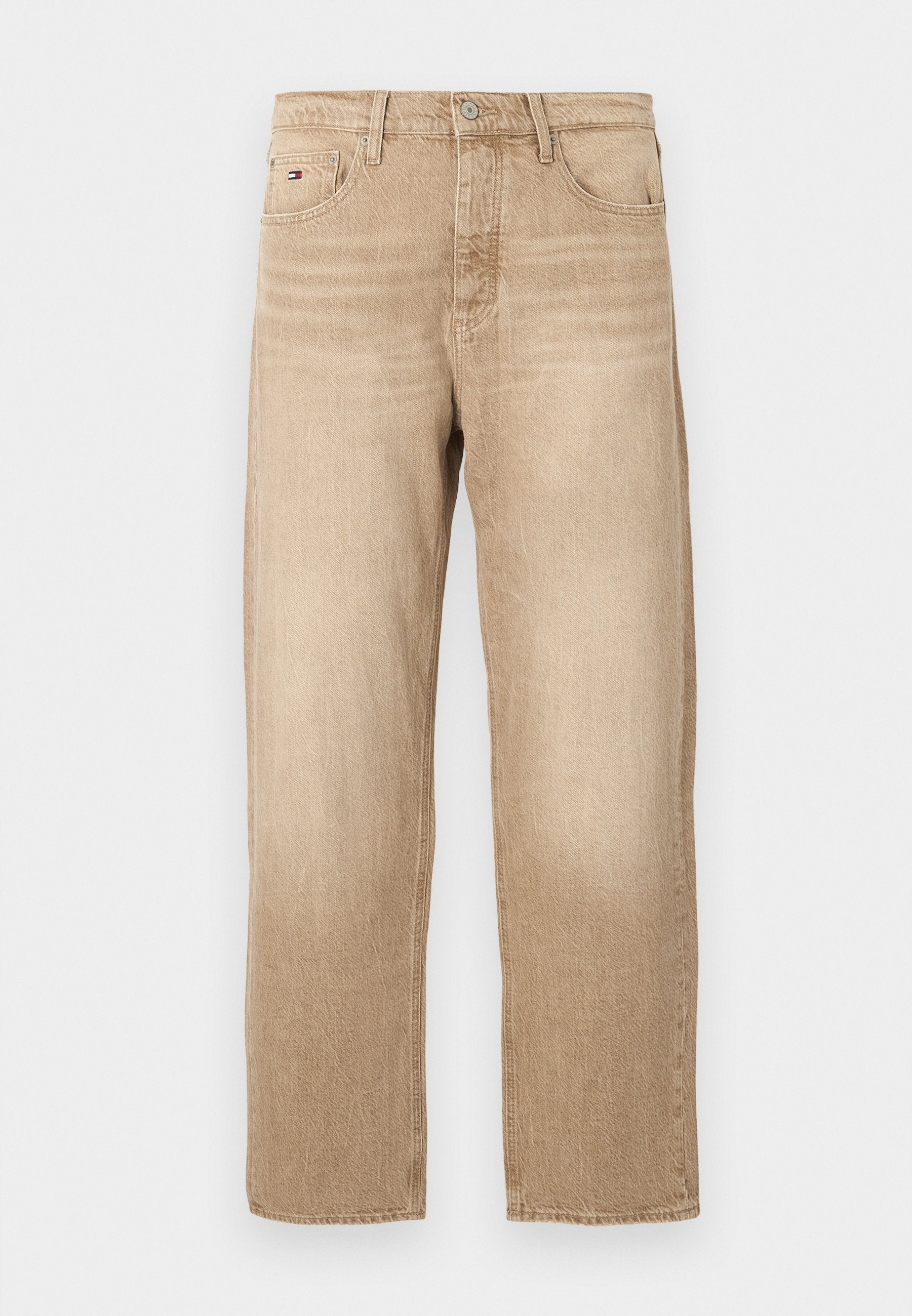 Beige Denim-Jeans mit geradem Bein. Mit einem vorderen Knopfverschluss und einem kleinen Logo auf der linken Tasche. Leicht beschädigte Optik.