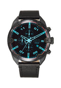 Schwarze Diesel-Armbanduhr mit blau leuchtenden Ziffern, drei Hilfszifferblättern, Datumsfenster bei 4 Uhr und schwarzem Lederarmband.