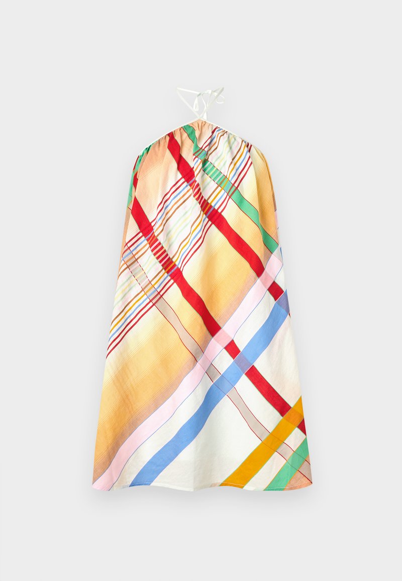 Mehrfarbiges, gemustertes ärmelloses Kleid mit gerafftem Oberteil und einer weißen verstellbaren Krawatte. Es hat Streifen in Rot, Grün, Blau und Gelb.
